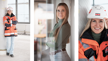 Collage mit 3 Bildern von ZÜBLIN Mitarbeiterin mit Schutzausrüstung auf der Baustelle und im Büro